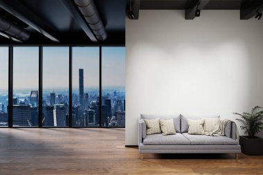 Modern temiz ofis bekleme alanı resepsiyon ufuk çizgisi görünümü ve düz beyaz duvar, kopyalama alanı, 3 boyutlu illüstrasyon