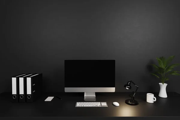 现代清洁办公空间 配有电脑屏幕和深色混凝土墙 复制空间 3D插图 — 图库照片