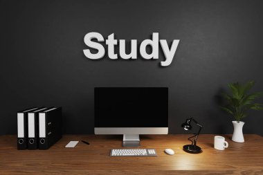 modern temiz ofis çalışma alanı bilgisayar ekranı ve koyu beton duvar; harf çalışması; 3B Resim