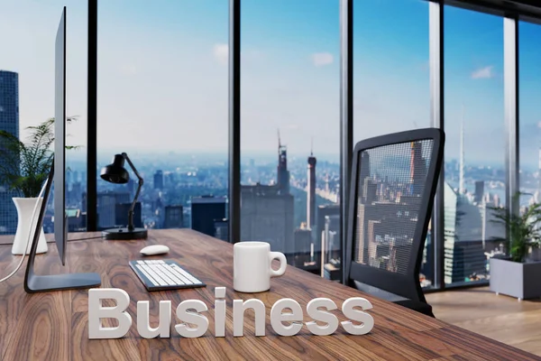 Business Office Chair Front Modern Workspace Computer Skyline View Company — Stock Photo, Image