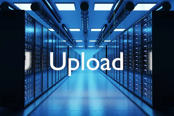 Ladda Upp Logotyp Stora Moderna Datacenter Flera Rader Nätverk Internet — Stockfoto