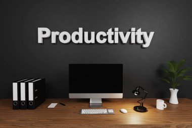 modern temiz ofis çalışma alanı bilgisayar ekranı ve koyu beton duvar; verimlilik harfi; 3B İllüstrasyon