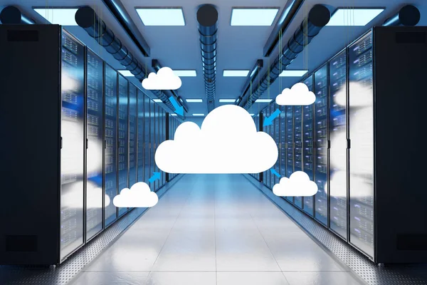 cloud storage share logo in large modern data center multiple rows of network internet server racks, 3D Illustration