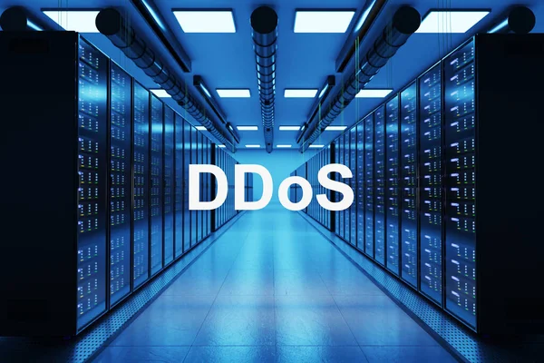 ddos logo in large modern data center multiple rows of network internet server racks, 3D Illustration