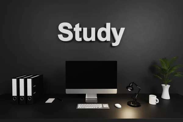 Modern Schoon Kantoorcomputerscherm Donkere Betonnen Wand Studieplaat Illustratie — Stockfoto