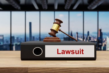 Ufuk çizgisi manzaralı büyük modern ofis binasında kırmızı ve siyah ofis klasörü dosya klasörü dizini yığın; dava etiketi; 3D İllüstrasyon