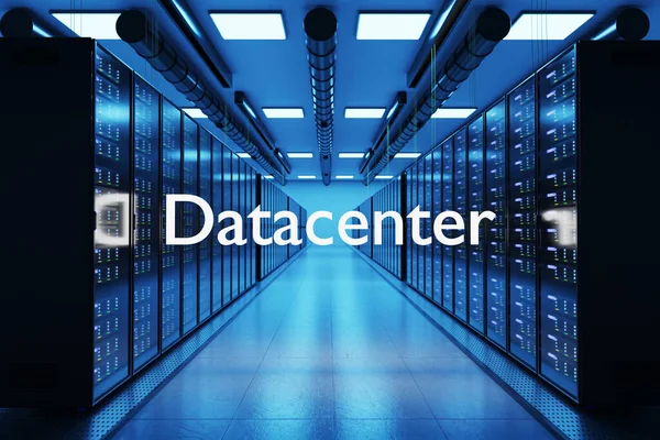 datacenter logo in large modern data center multiple rows of network internet server racks, 3D Illustration