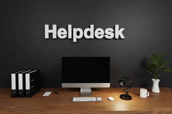 現代のクリーンオフィスのワークスペースのコンピュータ画面と暗いコンクリート壁 ヘルプデスクのレタリング 3Dイラスト — ストック写真