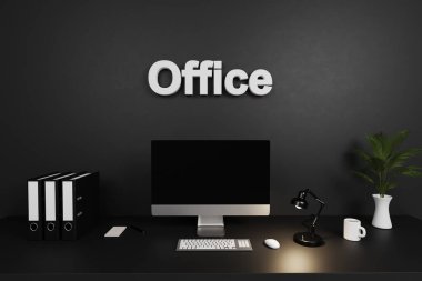 bilgisayar ekranı ve koyu beton duvarlı modern temiz ofis çalışma alanı; ofis harfleri; 3B İllüstrasyon