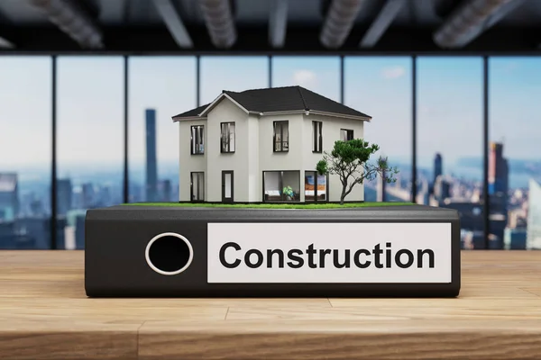 Moderne Haus Villa Stil Stehmappe Auf Holztisch Büro Bau Etikett — Stockfoto