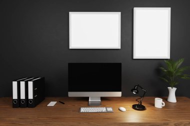 modern temiz ofis çalışma alanı bilgisayar ekranı ve koyu beton duvar ve büyük beyaz tuval; kopyalama alanı; 3B Görüntü