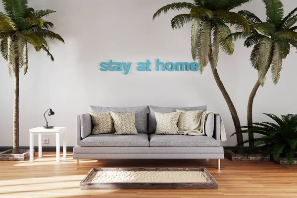 canceled vacation and stay at home concept due travel restrictions; elegant living room interior single vintage sofa between large palm trees; stay at home; 3D Illustration