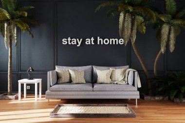 Tatilin iptali ve seyahat kısıtlamaları nedeniyle ev konseptinde kalmak; büyük palmiye ağaçları arasında klasik kanepe olan şık bir oturma odası; evde kalmak; 3D İllüstrasyon