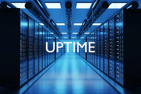 Uptime Logo Velkém Moderním Datovém Centru Řadami Síťových Internetových Serverů — Stock fotografie