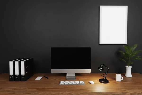 Modern Clean Office Workspace Computer Screen Dark Concrete Wall Large Stock Picture