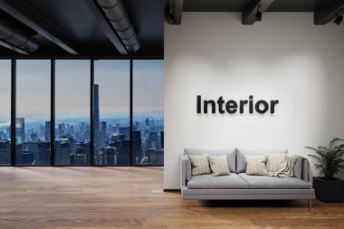 modern luxury loft with skyline view, wall interior lettering, 3D Illustration