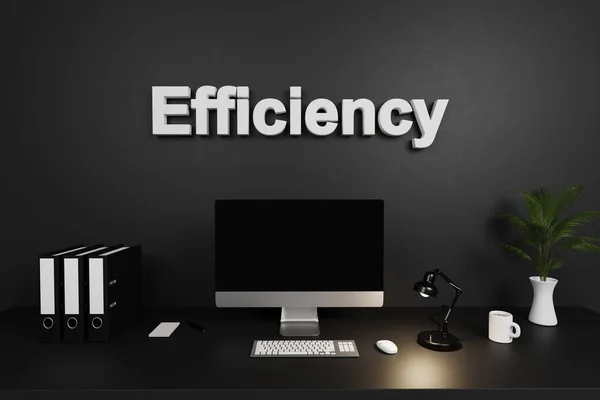 modern clean office workspace with computer screen and dark concrete wall; efficiency lettering concept; 3D Illustration