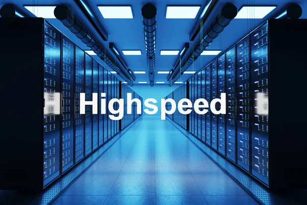 highspeed logo in large data center with multiple rows of network internet server racks, 3D Illustration