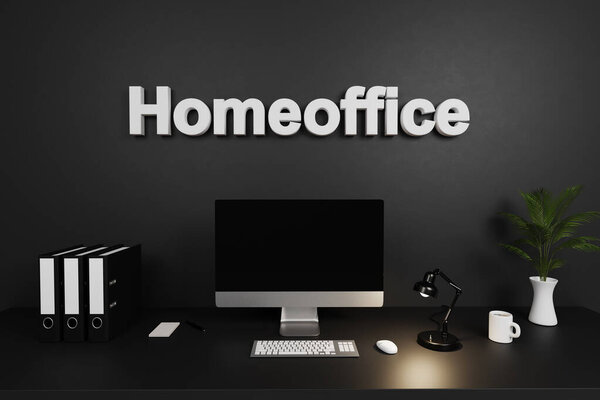 modern clean office workspace with computer screen and concrete wall; homeoffice lettering concept; 3D Illustration