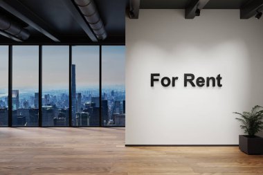 Ufuk çizgisi manzaralı modern lüks çatı katı. Kiralık harfleri olan duvar. 3 boyutlu resim.