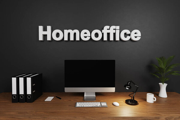 modern office workspace with computer screen and dark concrete wall; homeoffice lettering; hiring concept; 3D Illustration