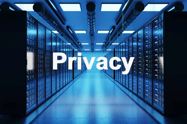 privacy logo in large modern data center with rows of network internet server racks, 3D Illustration