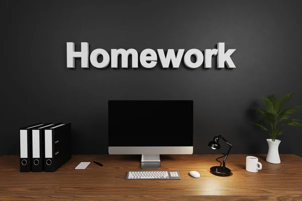 modern clean office workspace with computer screen and concrete wall; homework lettering; 3D Illustration