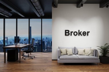 Ufuk çizgisi manzaralı modern lüks çatı katı ve klasik kanepe, broker harfli duvar, 3 boyutlu illüstrasyon