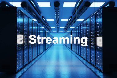 geniş modern veri merkezinde ağ ağ internet sunucu rafları, 3D İllüstrasyon ile logo akışı