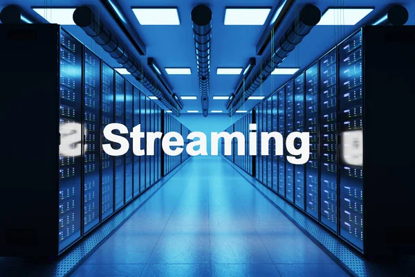 streaming logo in large modern data center with rows of network internet server racks, 3D Illustration
