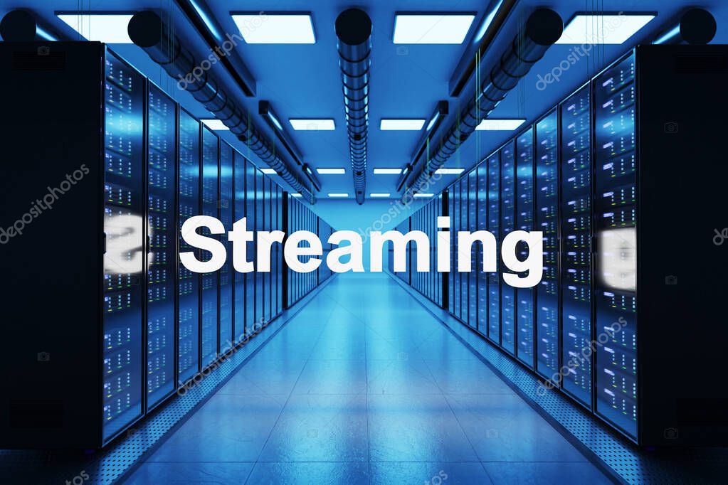 Streaming logo in large modern data center with rows of network internet server racks, 3D Illustration