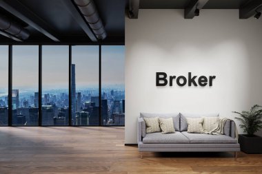 Ufuk çizgisi manzaralı lüks çatı katı, broker harfli duvar, 3 boyutlu resim