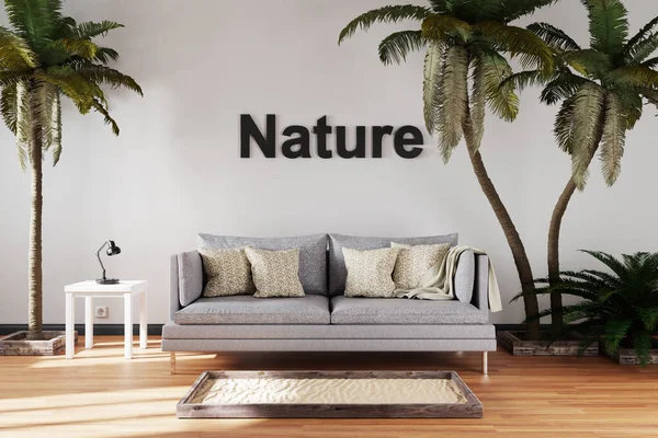 elegant living room interior with vintage sofa between large palm trees; nature; 3D Illustration