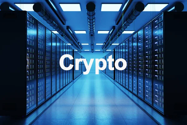 crypto logo in large data center with multiple rows of network internet server racks, 3D Illustration