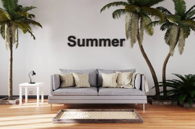 Tatilin iptali ve seyahat kısıtlamaları nedeniyle ev konseptinde kalma; büyük palmiye ağaçları arasında tek tip kanepe oturma odası; yaz; 3D İllüstrasyon