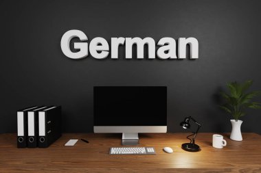 bilgisayar ekranı ve beton duvarlı modern temiz ofis çalışma alanı; Almanca harfler; 3B İllüstrasyon