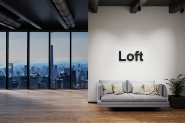 Ufuk çizgisi manzaralı lüks çatı katı, eski kanepe, tavan arası harfli duvar, 3 boyutlu illüstrasyon.