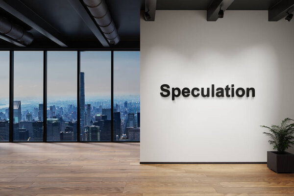 modern luxury loft with skyline view and wall with speculation lettering, 3D Illustration