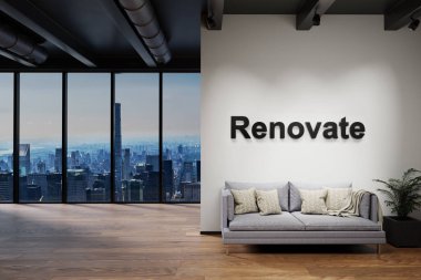 luxury loft with skyline view and vintage couch, wall with renovate lettering, 3D Illustration