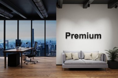 luxury loft with skyline view and vintage couch and pc workspace, wall with premium lettering, 3D Illustration