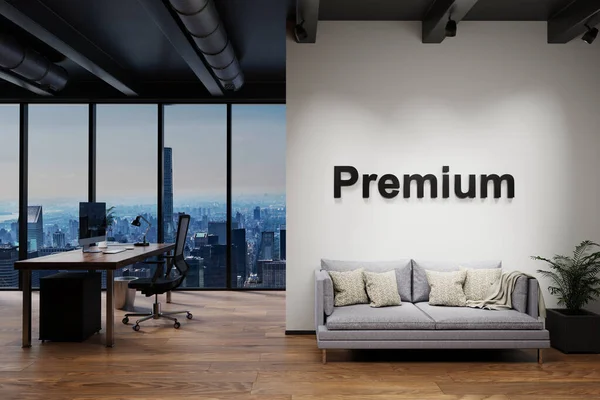 Luxury Loft Skyline View Vintage Couch Workspace Wall Premium Lettering —  Fotos de Stock