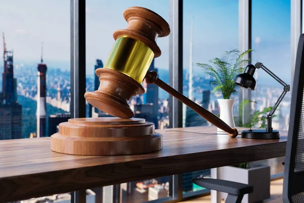 Giant Judge Gavel Law Concept Office Chair Front Workspace Skyline — Photo