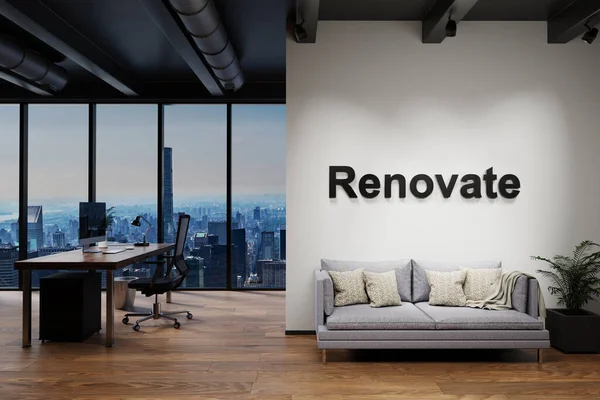 Luxury Loft Skyline View Vintage Couch Workspace Wall Renovate Lettering — ストック写真