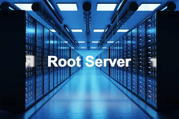 複数のネットワークインターネットサーバーラックを持つ大規模なデータセンターでのRootserverのロゴ 3Dイラスト — ストック写真
