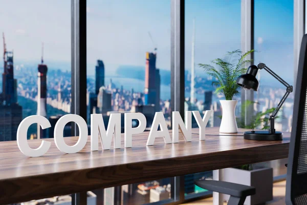 company; office chair in front of workspace and panoramic skyline view; company concept; 3D Illustration