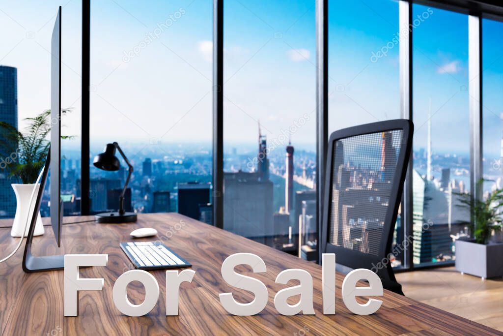 for sale; office chair in front of workspace with computer and skyline view; real estate concept; 3D Illustration