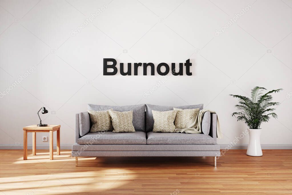 elegant living room interior with stacks of moving boxes and vintage sofa; burnout concept; 3D Illustration