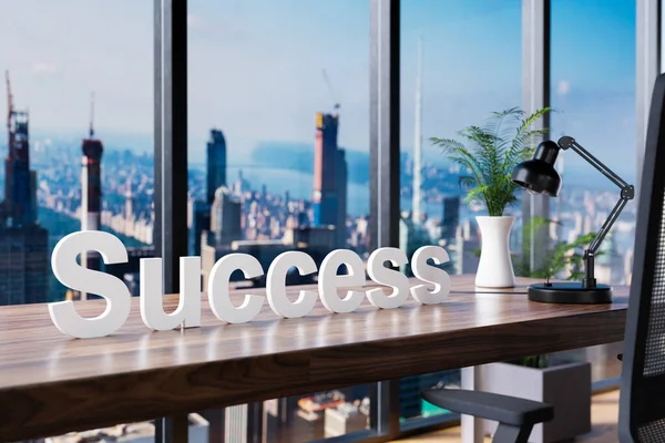 Başarı Çalışma Alanı Önündeki Ofis Sandalyesi Panoramik Ufuk Çizgisi Görünümü — Stok fotoğraf