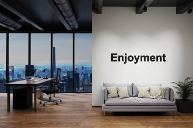 Ufuk çizgisi manzaralı lüks çatı katı ve klasik kanepe ve bilgisayar çalışma alanı, zevk mektuplarıyla dolu duvar, 3 boyutlu illüstrasyon