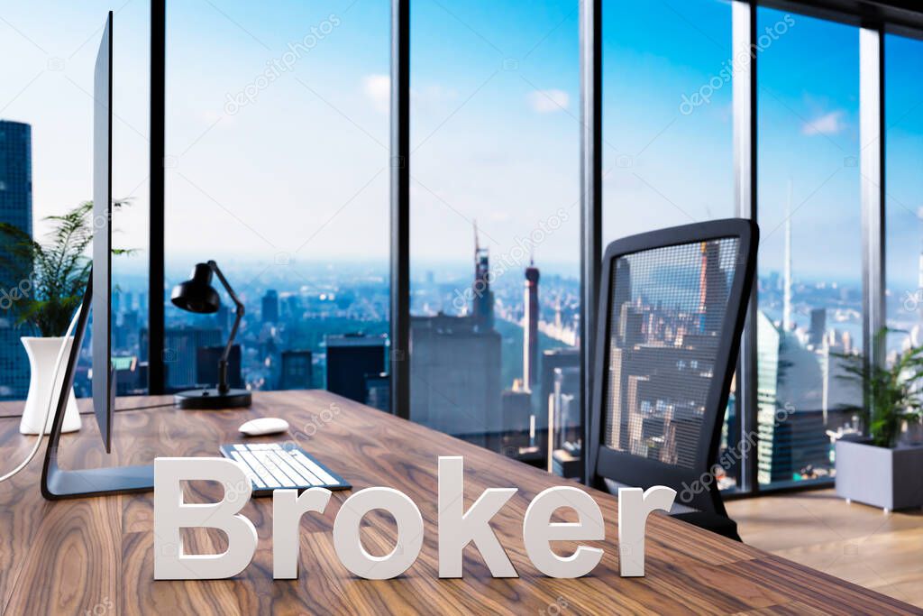 broke; office chair in front of workspace with computer and skyline view; real estate concept; 3D Illustration
